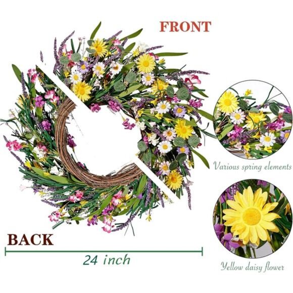 Daisy and Lavender Wreath 22’’ Wildflower Spring Summer Artificial - Picture 6 of 7